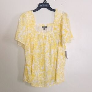 Yellow and White Floral Scoop-Neck Blouse